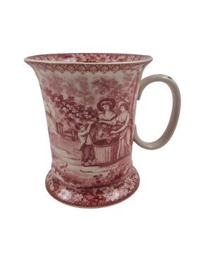 Burgundy Red Transferware Scenic Beer Mug Floral Border English Style Vintage